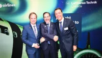 Signing ceremony with Georg Fanta, VP Commercial Engine Services at Lufthansa Technik, Len Corrado, CEO of Flair Airlines and Georgios Ouzounidis, VP Corporate Sales Americas at Lufthansa Technik. Credit: Lufthansa Technik.