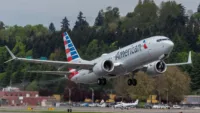 An American Airlines 737 MAX on take-off. Global Services recently completed the first landing gear exchange for a MAX airplane. Credit: Boeing