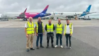 At the Knock facility. L-R: Nigel Marsh, AFRA Auditor, Jim Maguinness, Quality Manager,
Ben Sheehy, Airframe Disassembly Line Manager, Cian McNamara, Deputy Quality Manager, Steven Trowell, Senior Vice President – Maintenance & Disassembly.